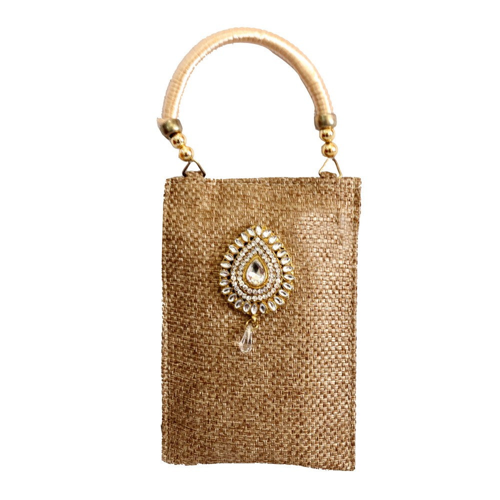 Rectangular jute clutch bag with stone work