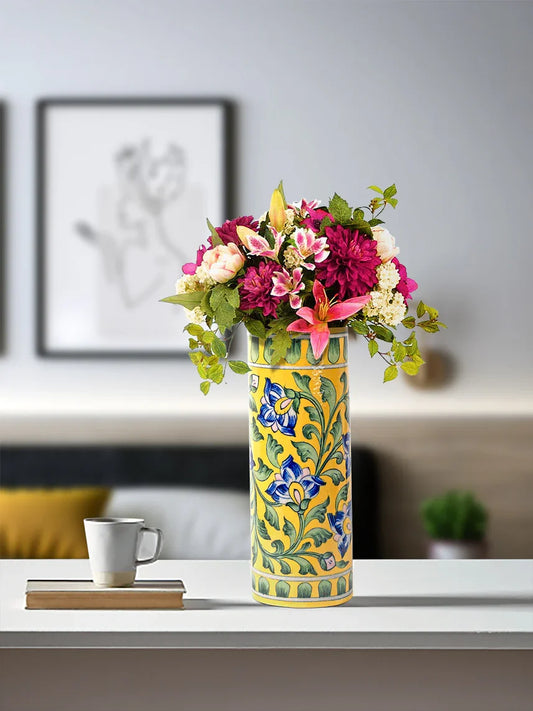Blue Pottery Cylinderical Flower Vase Yellow Vine