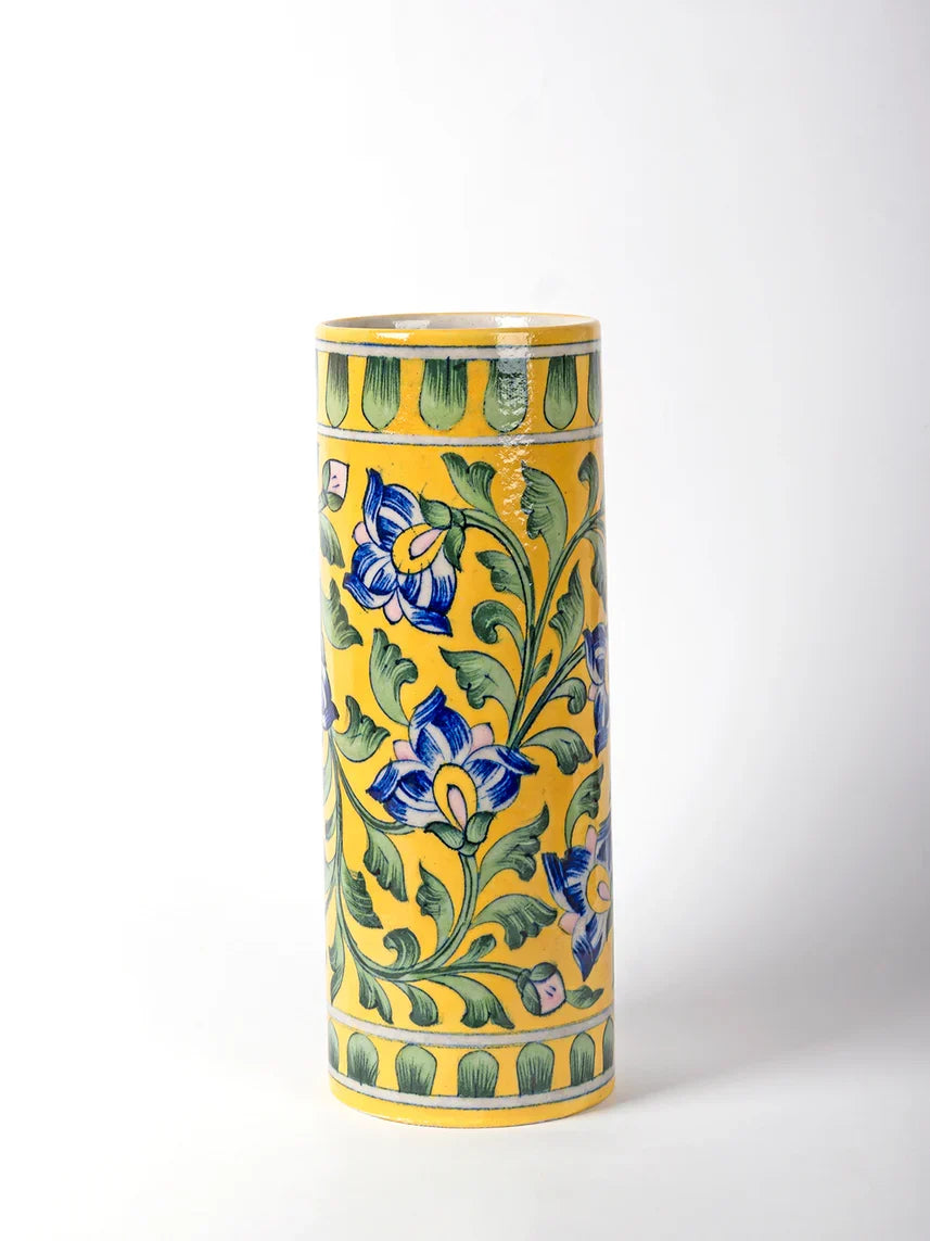Blue Pottery Cylinderical Flower Vase Yellow Vine