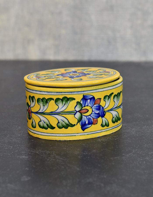 Handmade Oval Box in Yellow Base With Blue Florals