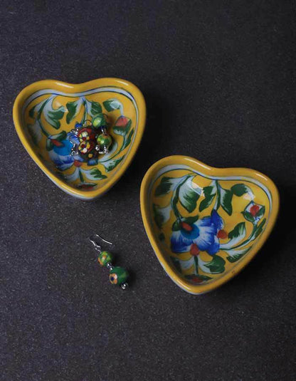 Heart-Shaped Serving Plates – Yellow Base with Blue Floral Design (4 Inch, Set of 2)