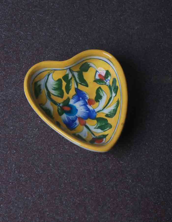 Heart-Shaped Serving Plates – Yellow Base with Blue Floral Design (4 Inch, Set of 2)