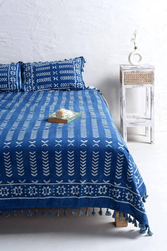 Indigo Stone Washed Block Printed Bedsheet and Pillow Set