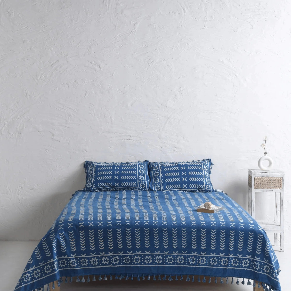 Indigo Stone Washed Block Printed Bedsheet and Pillow Set