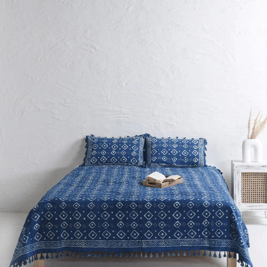 Boho Stone Washed Block Printed Bedsheet and Pillow Set