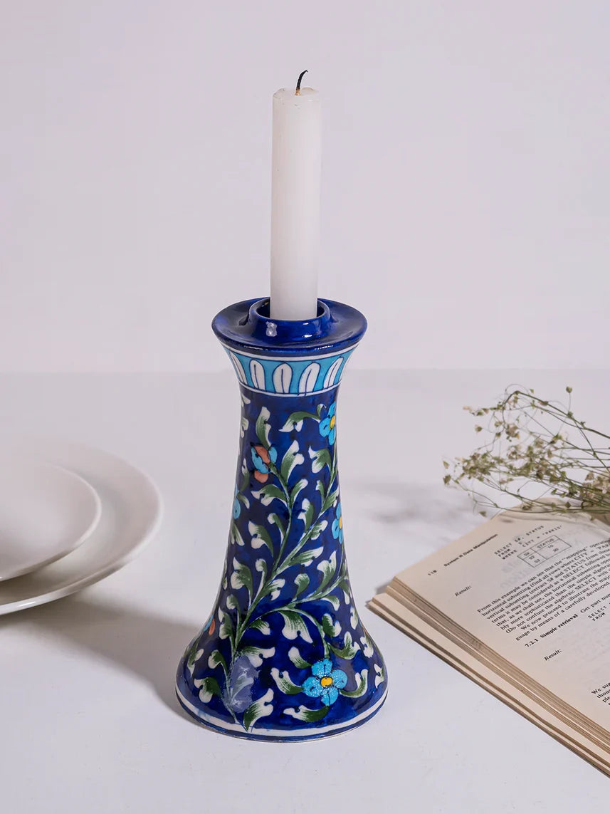 Navy Floral Vine Blue Pottery Candle Stand