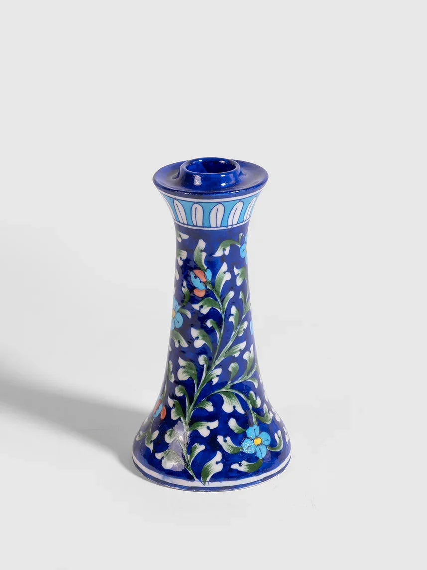 Navy Floral Vine Blue Pottery Candle Stand