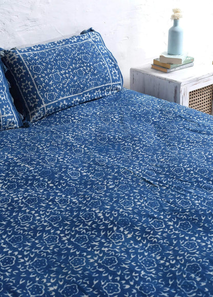 Vintage Look Stone Washed Wooden Block Printed Bedsheet and Pillow Set