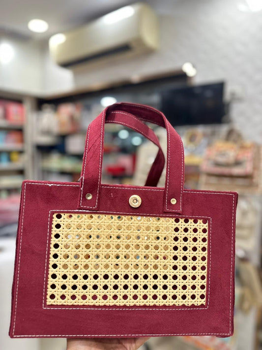 Maroon Cane Woven Tote Bag – Elegant Everyday Handbag