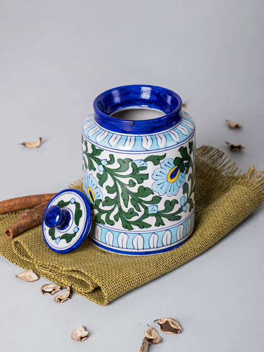 Handcrafted Blue Pottery White Floral Design Jar