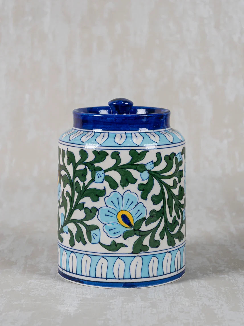 Handcrafted Blue Pottery White Floral Design Jar