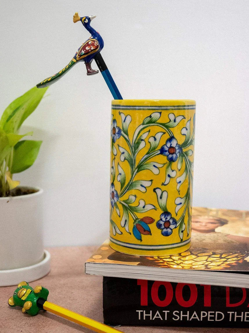 Handmade Blue Pottery Cylinder Yellow