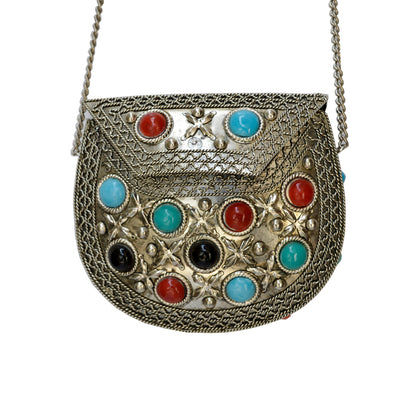 Oxidized & Stone Embedded Purse With Chain Strap For Women