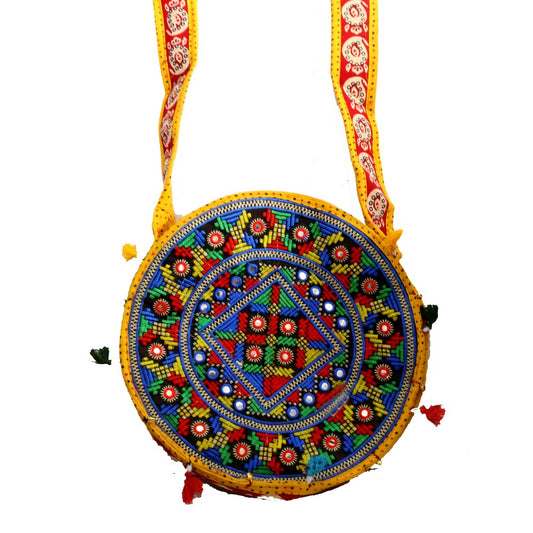 Sky Blue Circular Ethnic Bag With Long Handle