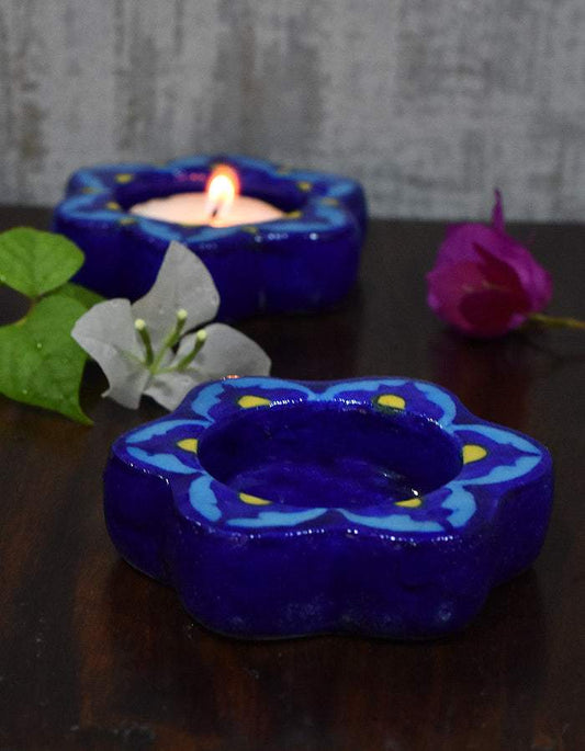 Handcrafted Blue Pottery T-Light Holders – Set of 2