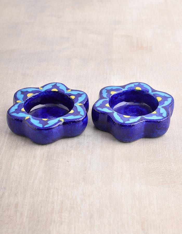 Handcrafted Blue Pottery T-Light Holders – Set of 2
